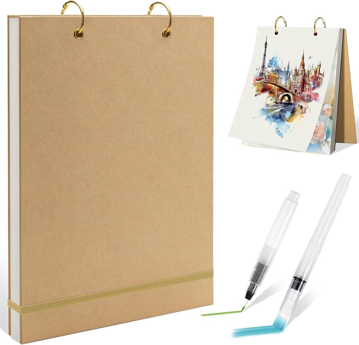 Sketchbook A4 met 60 vellen, 200 g/m² waterverf papier, inclusief 2 waterverf penselen en houder voor tekenen en schetsen
