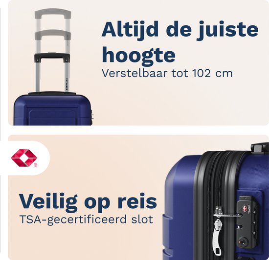Donkerblauwe koffer met uittrekbare handgreep en TSA-slot.