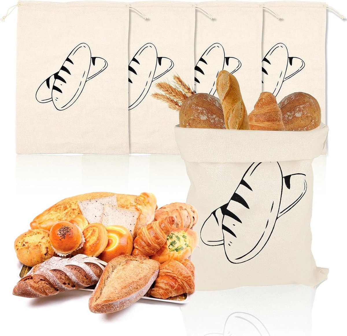Herbruikbare broodzakken met trekkoord | Ruim design, van katoen, herbruikbare bijenwas broodzak, voor brood, fruit en groenten.