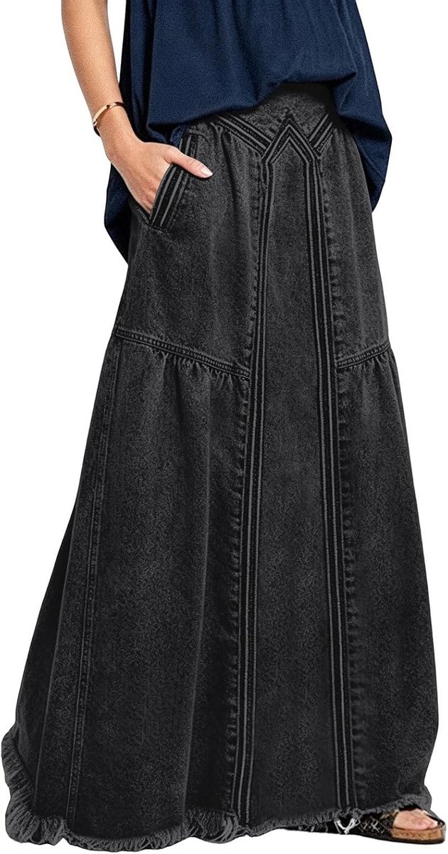 ebossy Casual elastische taille gerafelde zoom A-lijn distressed hippie lange maxi denim rok voor dames