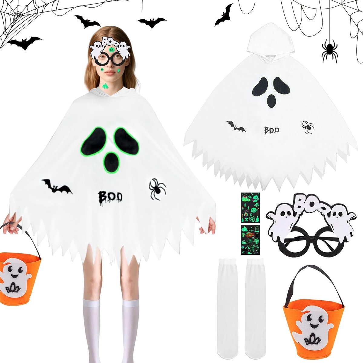 Spookkostuum voor Kinderen - Halloween Outfit met Handtas, Tatoeage en Zonnebril - Spookcape met Kap voor Jongens en Meisjes voor Carnaval en Cosplay