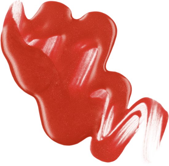 Een glanzende, oranje-rode lipgloss vlek met subtiele glitters.