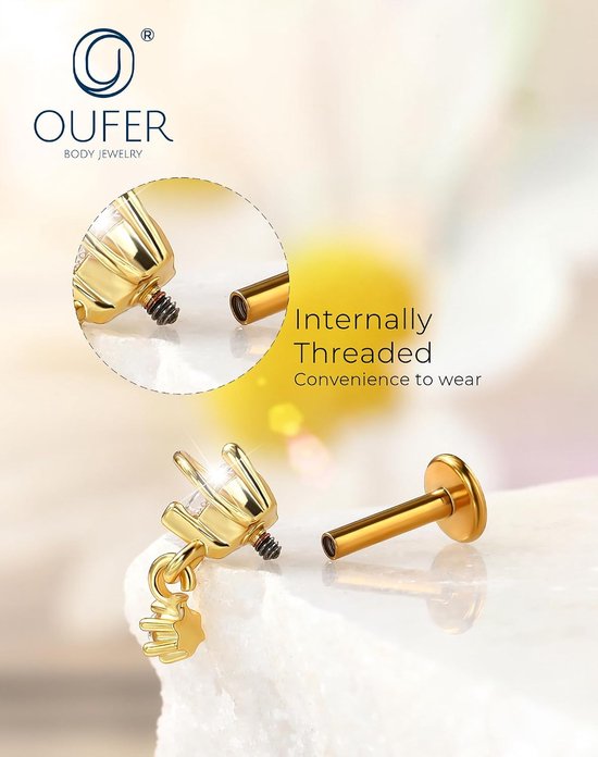 16G Gold Dangle Helix Oorbel Intern Schroefdraad Tragus Oorbel Roestvrij Staal 316L Hart/Driehoek Helix Stud Platte Rug Clear CZ Kraakbeen Lob Piercing 6 mm voor Vrouwen — afbeelding 4