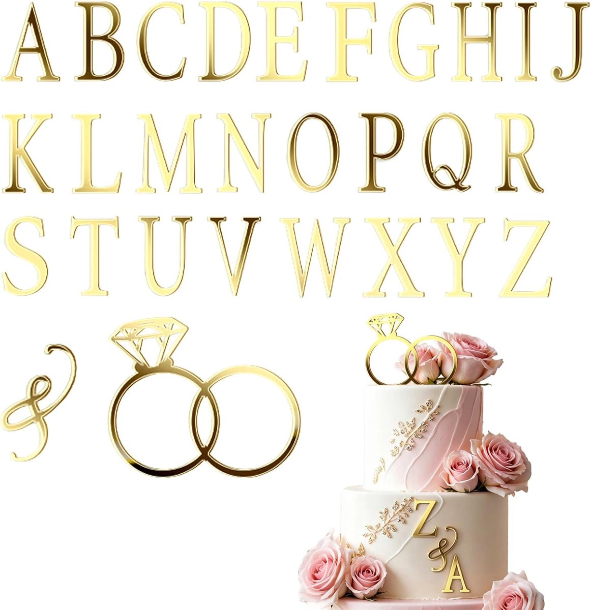 taarttopper met 26 gepersonaliseerde letters, initialen voor bruid en bruidegom, voor bruiloft, Valentijnsdag (goud)