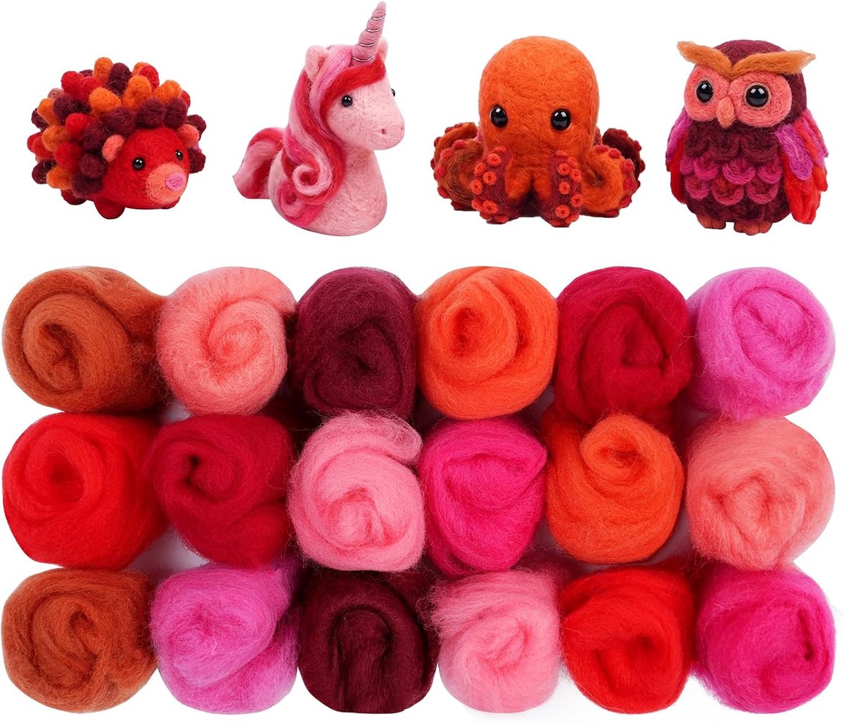 Naaldviltwol, Naaldviltset, Viltwol, 18 Stuks, Rood Serie | Wollen Pakket, Fleece Wollroving, Beginnersset met Pluizig Naaldvilt voor DIY Projecten, 9 Kleuren X 2 pack