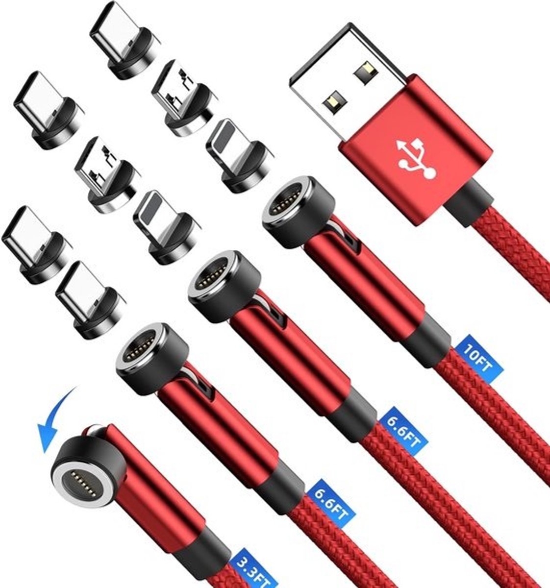Set van 4 Magnetische Oplaadkabels USB-C, Micro USB & Lightning - 3-in-1 Opladen & Data Kabel - Rood