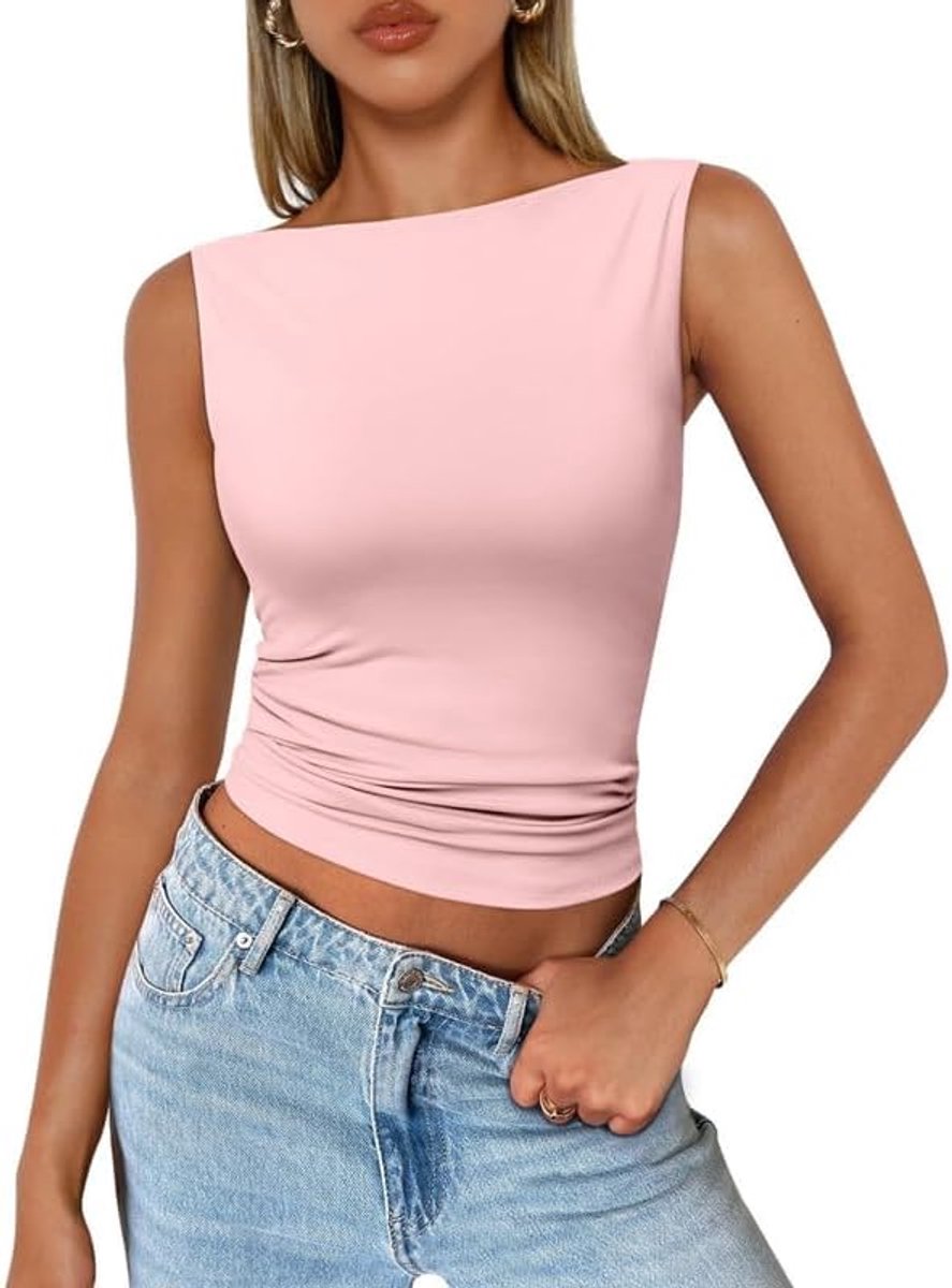 Tanktop voor dames, zomer, mouwloos, bootkraag, crop tops, chic en elegant, basic, tanktop, sexy, slim fit, Y2K tanktop, casual, kort, hemdje, casual, streetwear