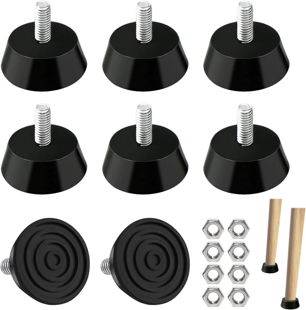 8 stuks rubberen voetjes, schroefbaar, zwart, verstelbare meubelpoten, rubberen buffer M6 × 15 mm, chassisdiameter 32 mm, nivellerpoten, stoelpoten M6 met moer, voor meubels, kasten, stoelen, tafels