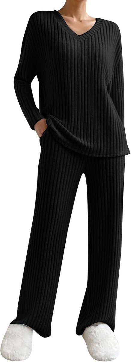 Vrouwen en winter mode temperament losse casual wijde pijpen broek gebreide effen trui tweedelig pak set