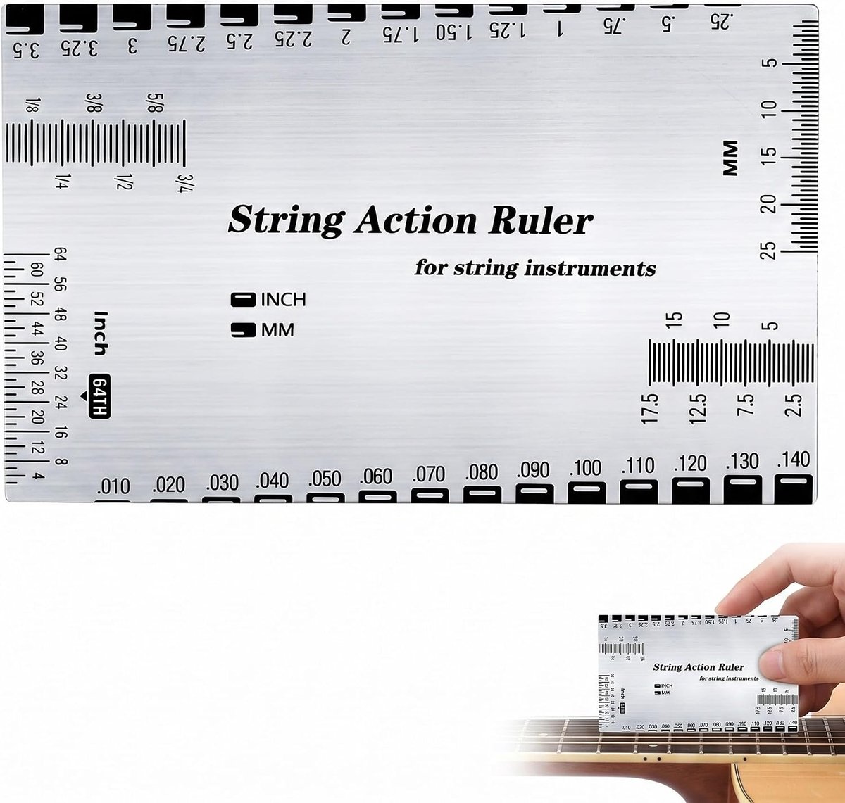 Liniaal meetinstrument 1 stuk metaal - nauwkeurig gereedschap voor snaarhoogte en fretafstand. Optimale gitaaraccessoires voor akoestische, elektrische gitaar, bas, mandoline en