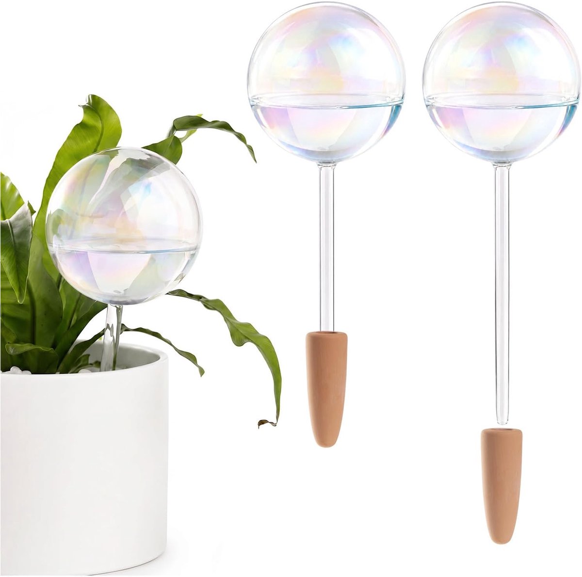 Plantenbewateringssysteem, set van 2 iriserende regenboogglazen zelfbewaterende bollen met klei-inzetstukken, elk 500 ml, automatische bewatering voor kamerplanten en balkonbakken