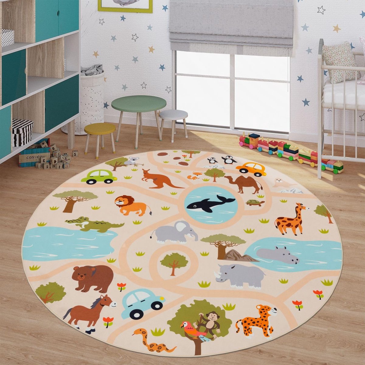 Home Vloerkleed Kinderkamer Meisjes Jongens Antislip Dierlijk Motief Autos, Kleur:Groen Geel Crème, Maat:200 cm rond