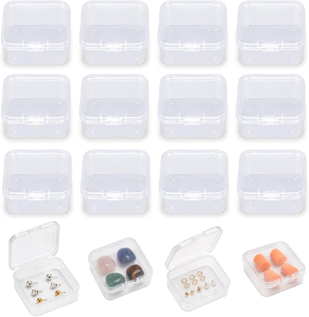 Set van 12 transparante dozen met deksel, 4,5 x 4,5 x 2 cm, kunststof dozen voor oorbellen en kralen, transparante opbergdozen voor kleine voorwerpen en accessoires