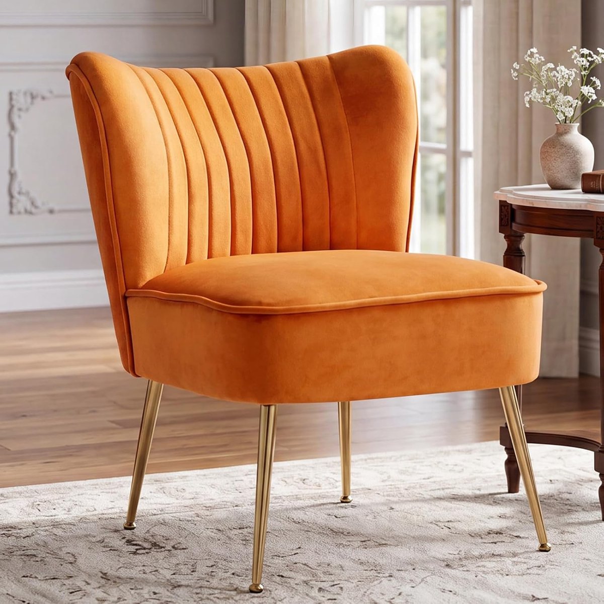Chairus Fluwelen kuipstoel zonder armleuningen, enkele bankstoel met metalen poten, gestoffeerde longue-accentstoel voor balkon, woonkamer (oranje-1)