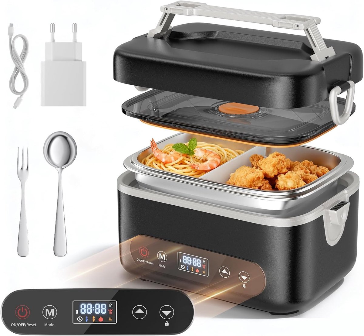 Kom op batterijen, verwarmde lunchbox, elektrisch, oplaadbaar, 1,2 l, draagbare lunchbox, snelverwarming, roestvrij staal, verwarmde lunchbox voor reizen en kantoor