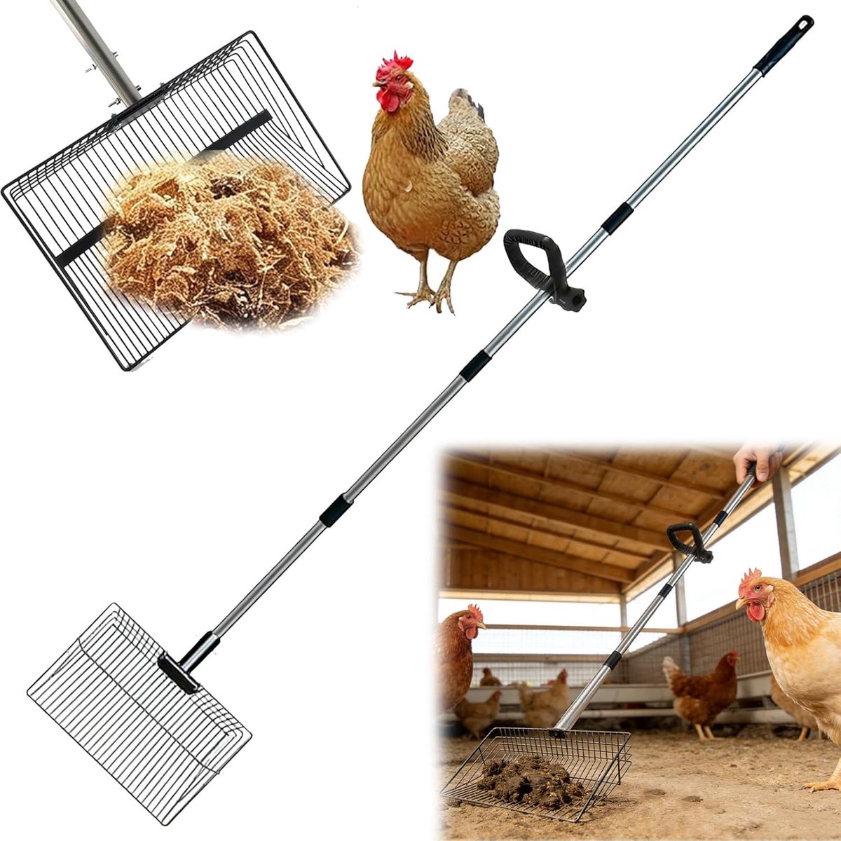 Kippenpoepschep, 4-in-1 verstelbare kippenpoepschep, 30 cm groot, kippenpoop, scooper met rubberen handgreep, schep voor kippenhok, accessoires voor het reinigen van kippenhokken