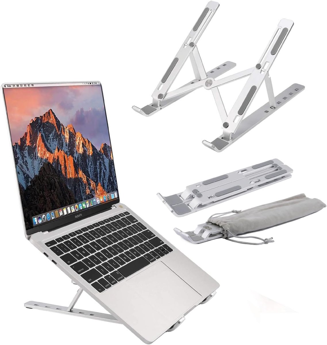 Gerecyclede aluminiumlegering, Licht, Antislip, Draagbaar, Opvouwbaar, Laptopsteun - Ventilatie en Warmteafvoer, Afstelling in 6 niveaus, Zilver