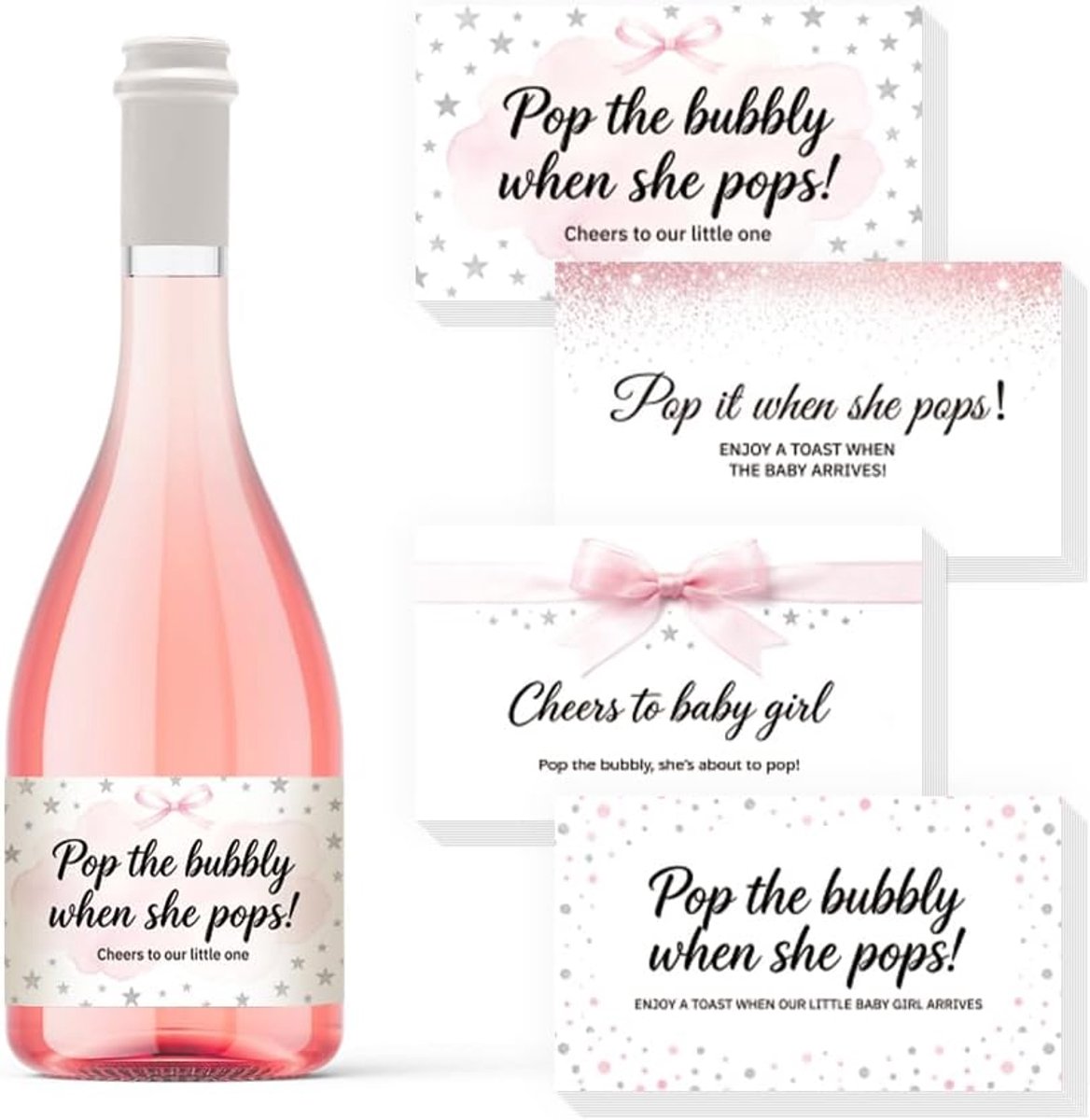 40 stuks babyshower wijnflessenstickers, mini champagneflesstickers, roze, waterdicht, zelfklevende flessenstickers, 5 x 9 cm, voor babyshower, party, decoratie, feestgeschenken