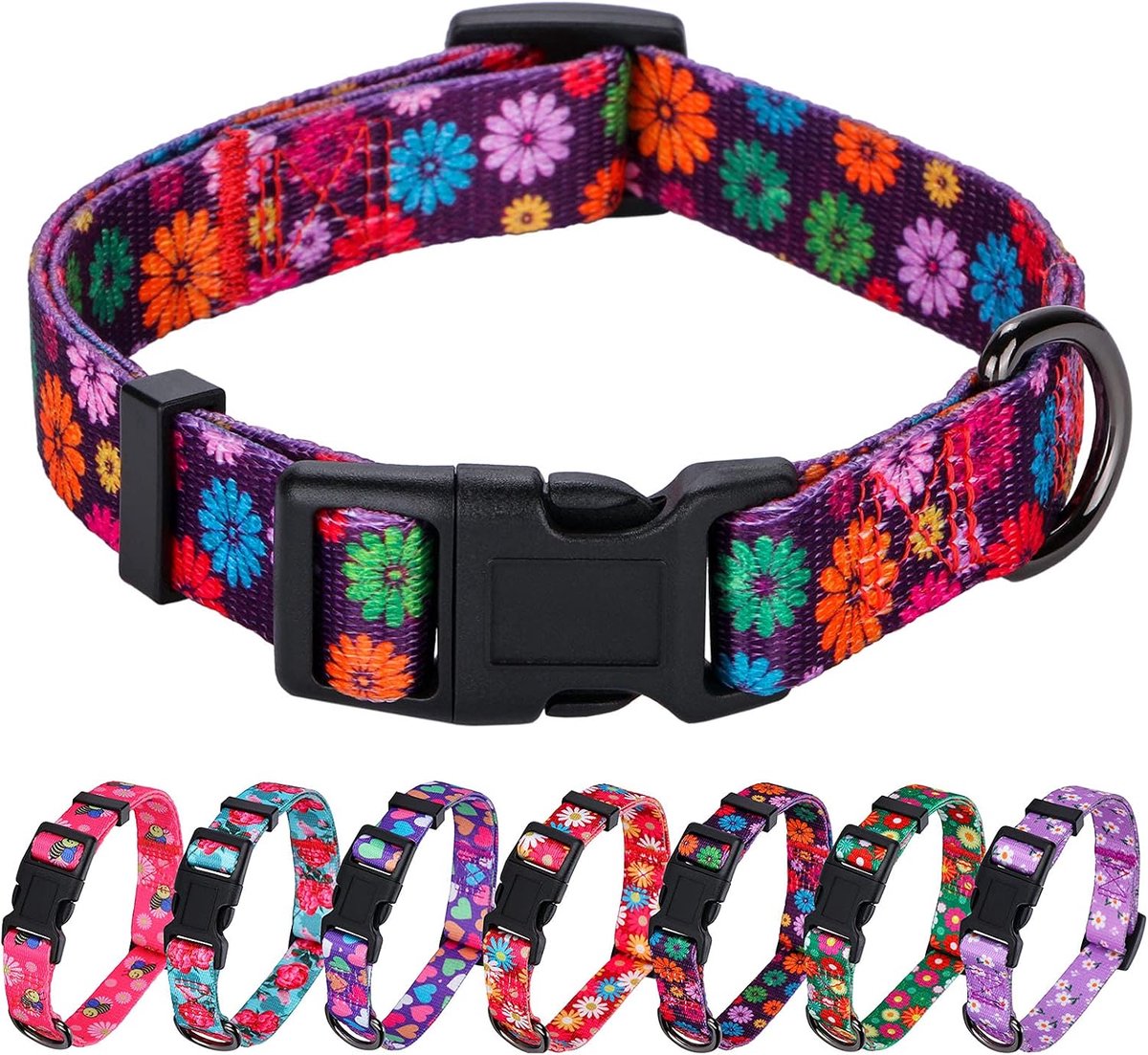 Hondenhalsbanden vallen madeliefjespatroon, kleurrijke bloemenprint, vrouwelijke halsband, donkerpaars, groot