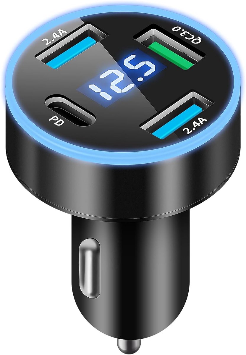 4 Poorten Lader Aantekening Sigaar USB C Snel, 50W QC3.0 & PD aansluiting Adapter Aantekening Sigaar USB Lader Telefoon Auto Aantekening Sigaar opladen met LED Voltmeter voor iPhone, Android, Samsung