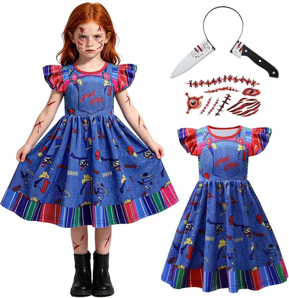Keaiyouhuo Horrorkostuum voor meisjes, 3-delige set met vliegende mouwen, blauwe denimjurk, griezelige pop, complete set voor feestjes en role-play
