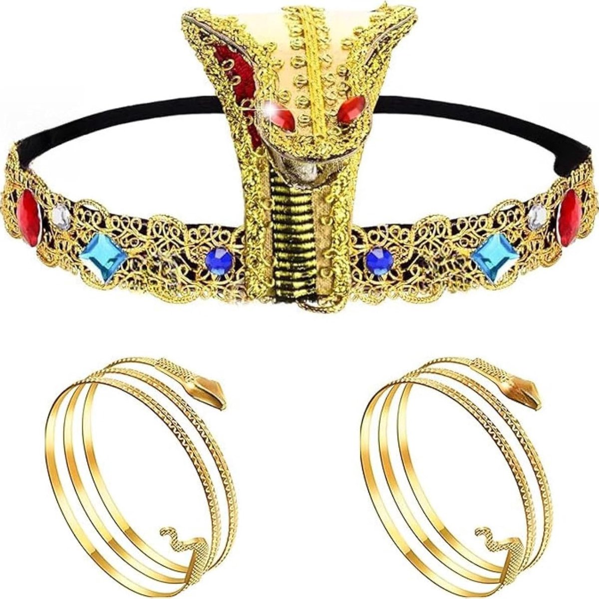 3 Stuks Cleopatra Hoofdtooi Set Egyptische Slang Hoofdtooi en Bovenarm Armband Egyptische Kostuum Accessoires Volwassen Meisjes Maskerade Retro Party Halloween Dress Up Carnaval Kostuum Accessoires