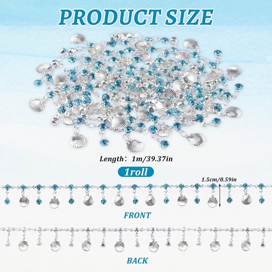 Shell Strass franje trim, schelp kwastje ketting met blauwe strass opknoping kralen franje lint voor naaien bikini strand kostuum doe-het-zelf ambachten — afbeelding 2