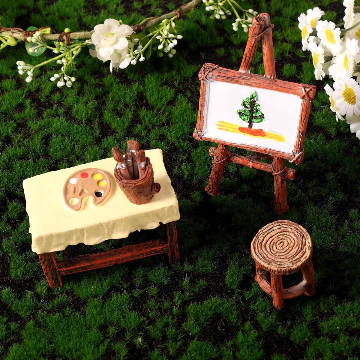 Accessoires voor een Sprookjestuin, Gemaakt van Hars Inclusief Mini-Schildersezel met Tafeltje Krukje en Pennenhouder voor Het Zelf Maken van Mini-Tuinterrarium of Poppenhuisdecoratie