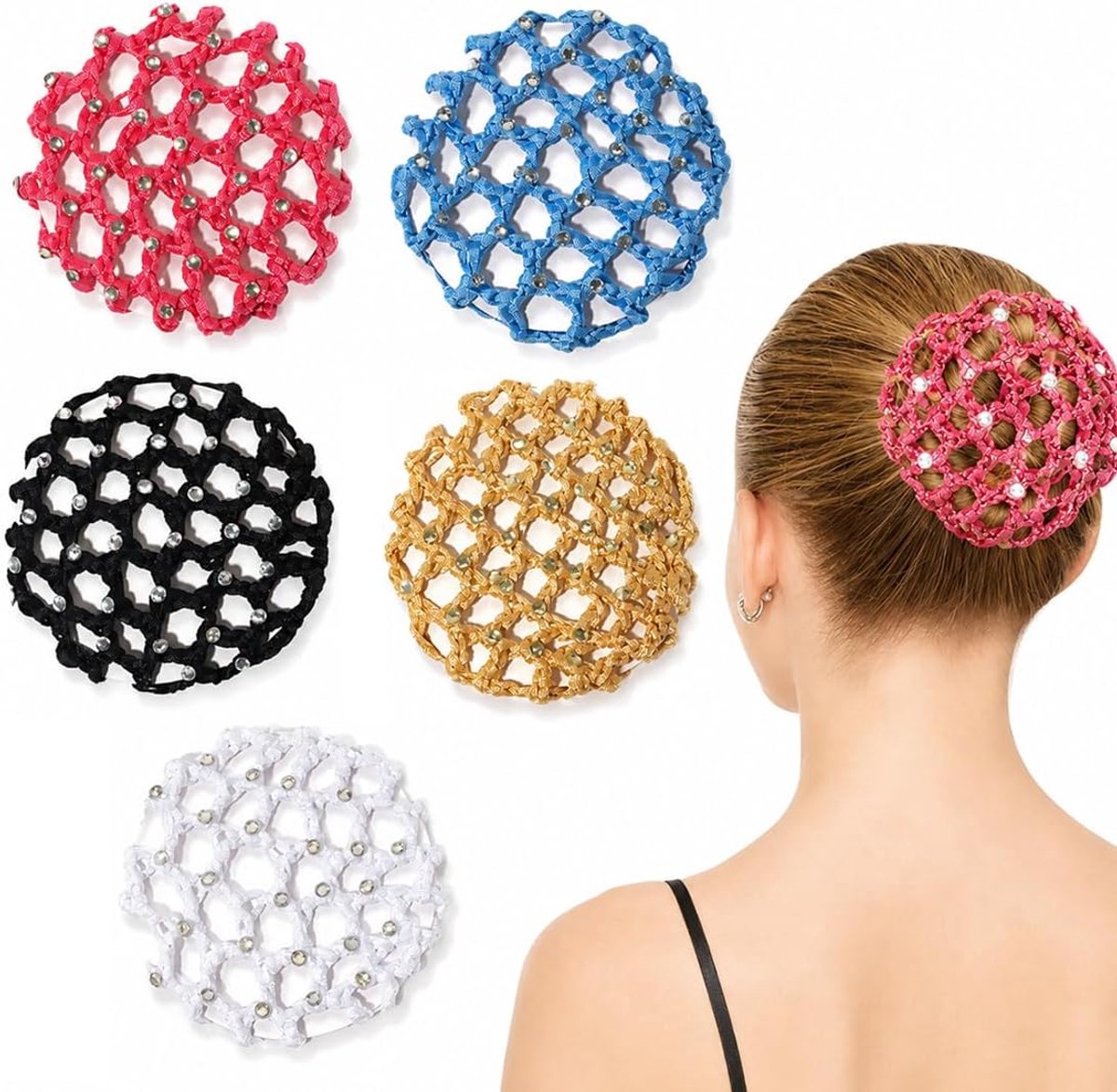 5 Stuks Haarnetjes voor knotjes – Elastische haaraccessoires voor ballet- en schaatsknotjes (wit, zwart, champagne, rood, blauw)