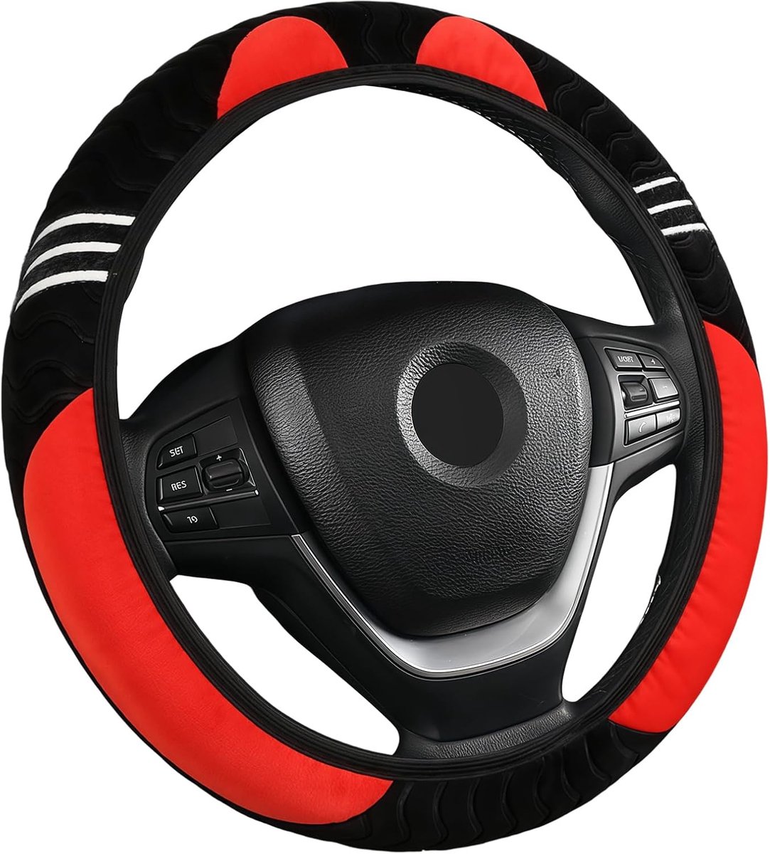 Stuurhoes met schattige kattenoren, zachte autostuurhoes voor alle seizoenen, antislip stuurhoes voor auto's, SUV's, bestelwagens van 37-38 cm, wollige autoaccessoires voor kattenliefhebbers (rood)