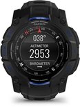 Zwarte Garmin smartwatch met blauwe accenten. Het scherm toont een kompas, thermometer en hoogtemeter.