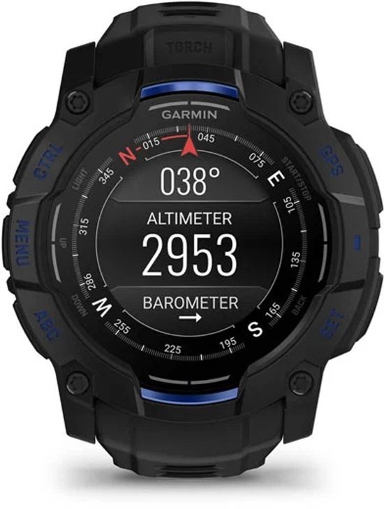 Zwarte Garmin smartwatch met blauwe accenten. Het scherm toont een kompas, thermometer en hoogtemeter.