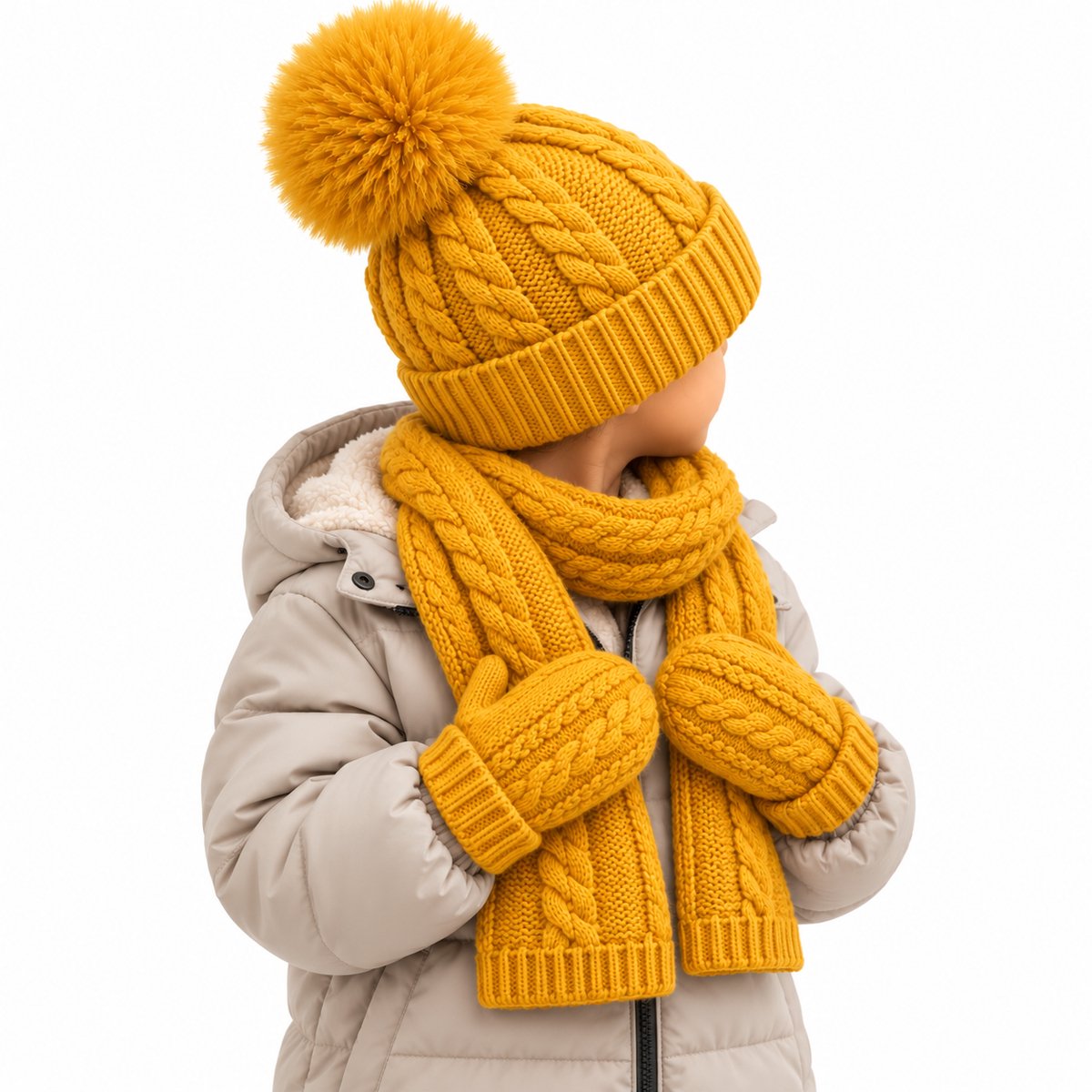BRD® Winterset Peuter Geel - Muts met Pompon Sjaal & Wanten met koord
