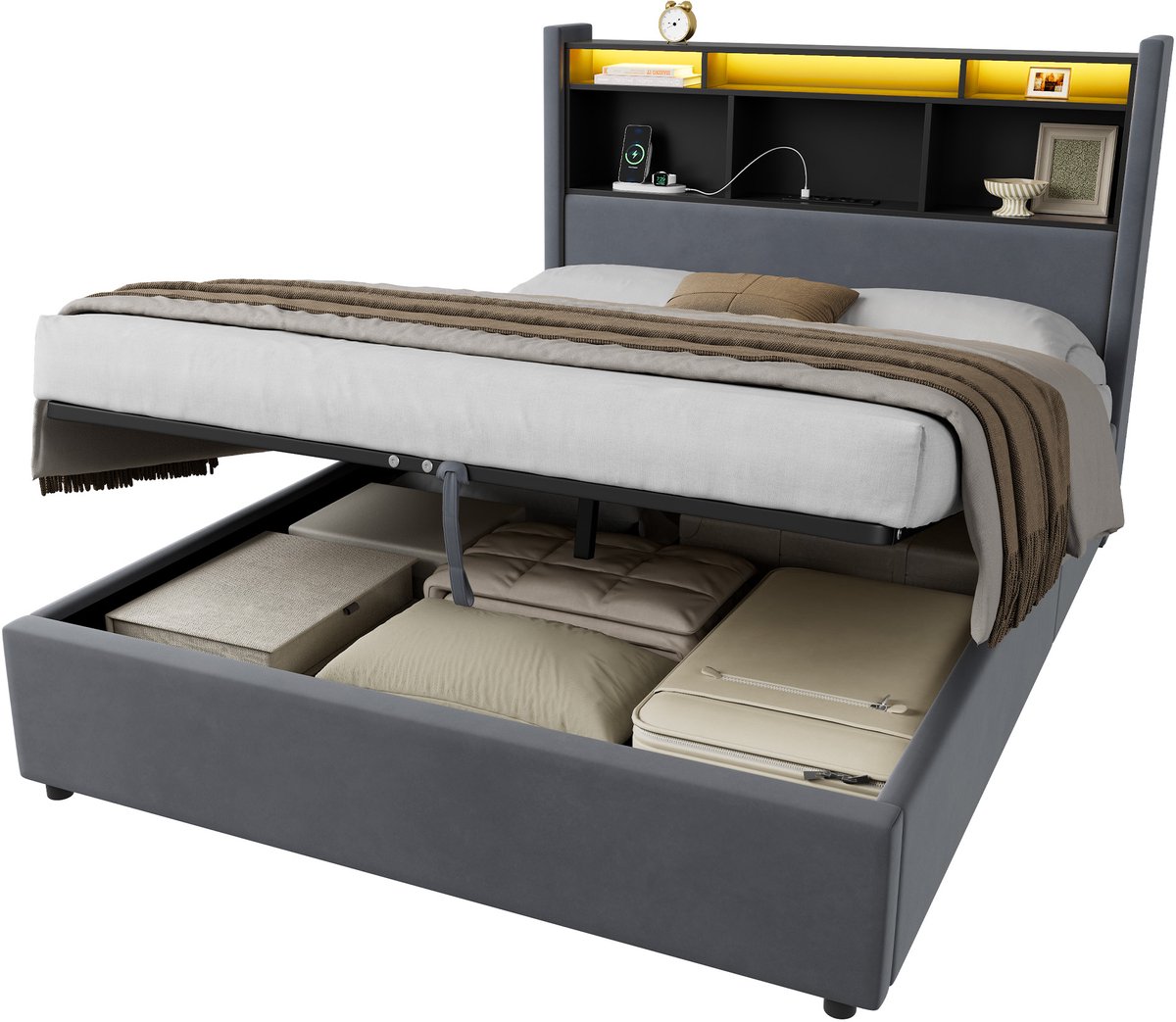 MODFU Fluweel Bed 140x200 cm – Donkergrijs hydraulisch opbergbed met LED & oplaadstation – Modern design – Hout & metaal