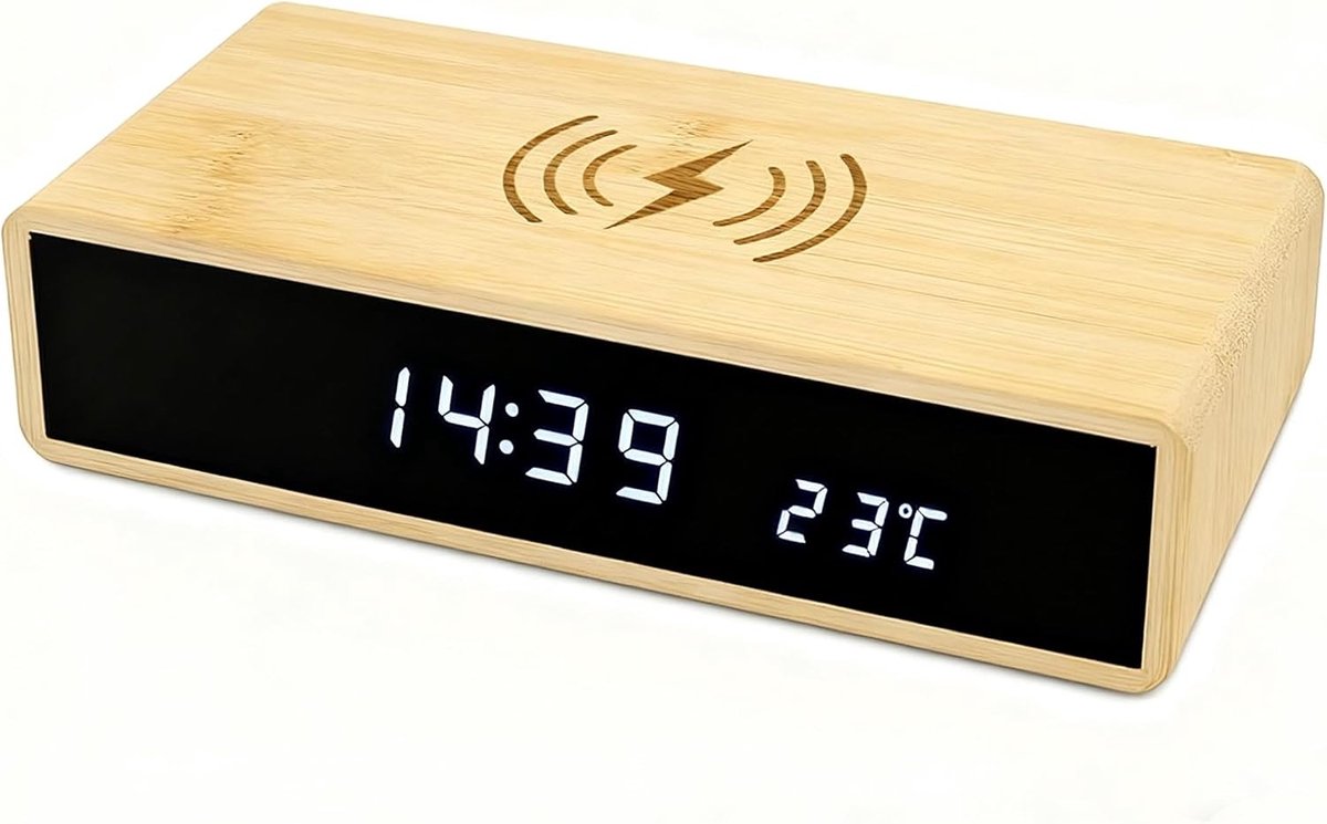 Digitale Houten Alarmklok met Snelle Draadloze Oplader voor Smartphones, Multifunctionele LED Klok met 3 Alarminstellingen en Stijlvol Design van Bamboe