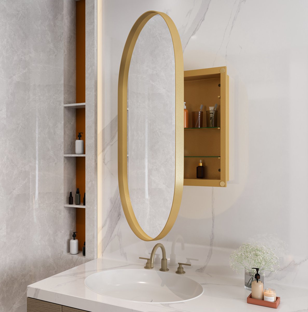 MEUNIQ Ovale Spiegelkast 85 x 51,5 x 12 cm met Gouden Metalen Frame, Spiegel en 2 Verstelbare Glazen Planken voor Badkamer, Woonkamer of Slaapkamer