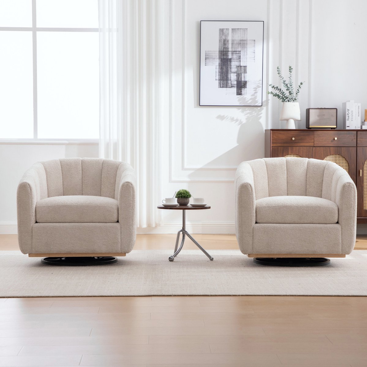 MEUNIQ draaibare fauteuil 81 x 73 x 75,5 cm met 360° metalen voet, chenille bekleding en armleuningen voor woonkamer of slaapkamer, beige