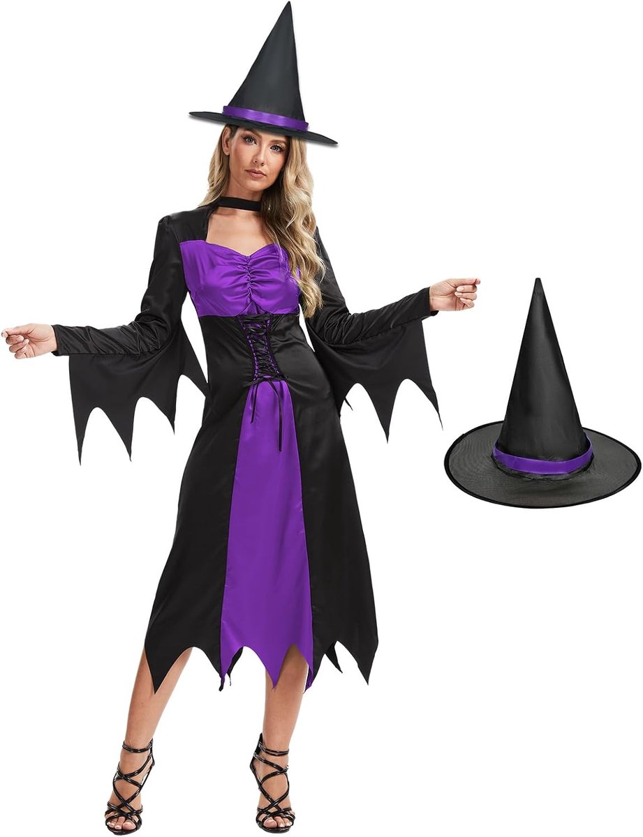 Heksenkostuum voor dames, boze heksenjurk met hoed, Halloween, vampierkostuum voor volwassenen voor vrouwen