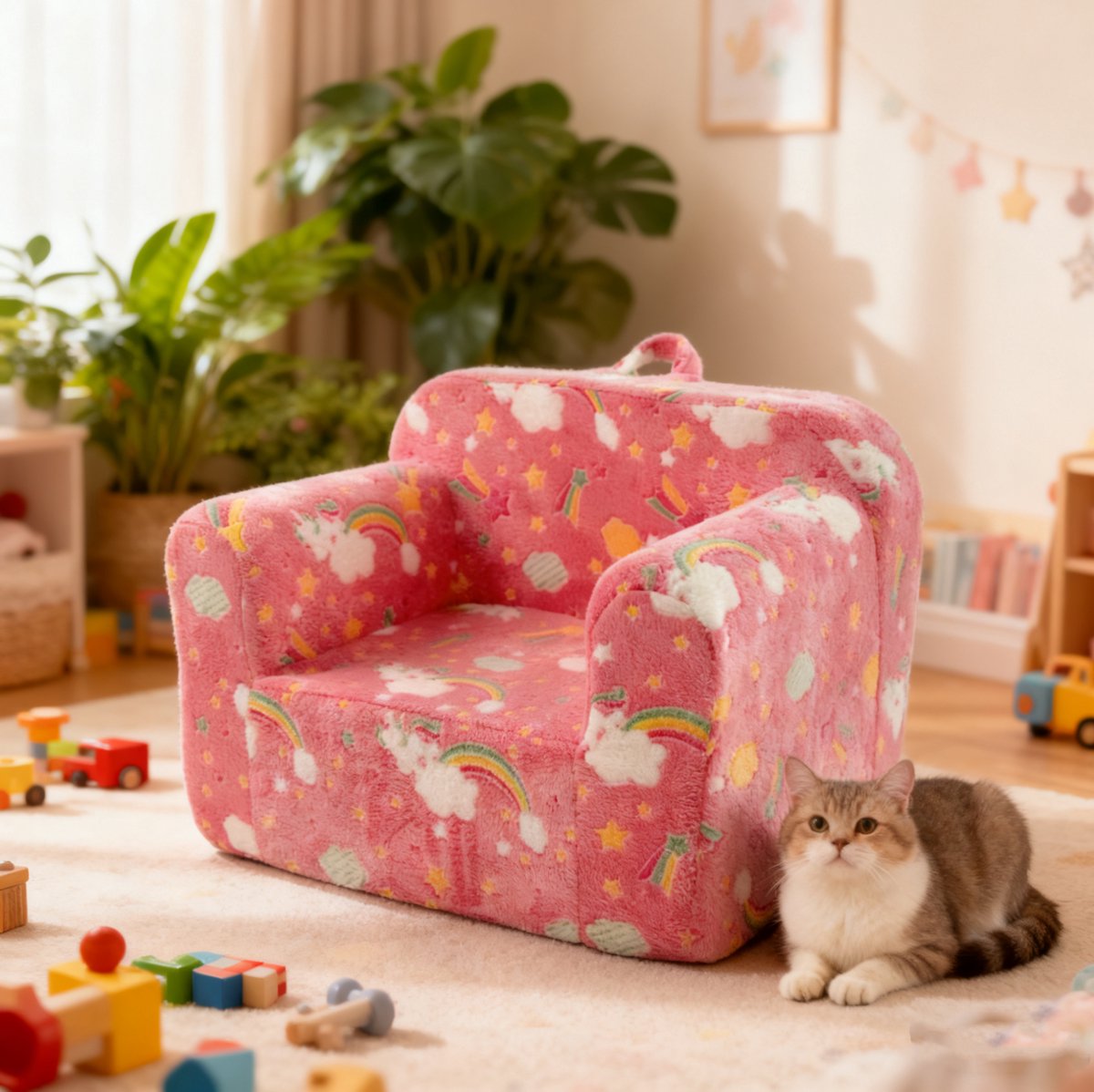 MODENUIT Kinderfauteuil 41 x 32 x 17 cm - Met Armleuningen en Afneembare Hoes - Voor Kinderkamer - Stof - Roze
