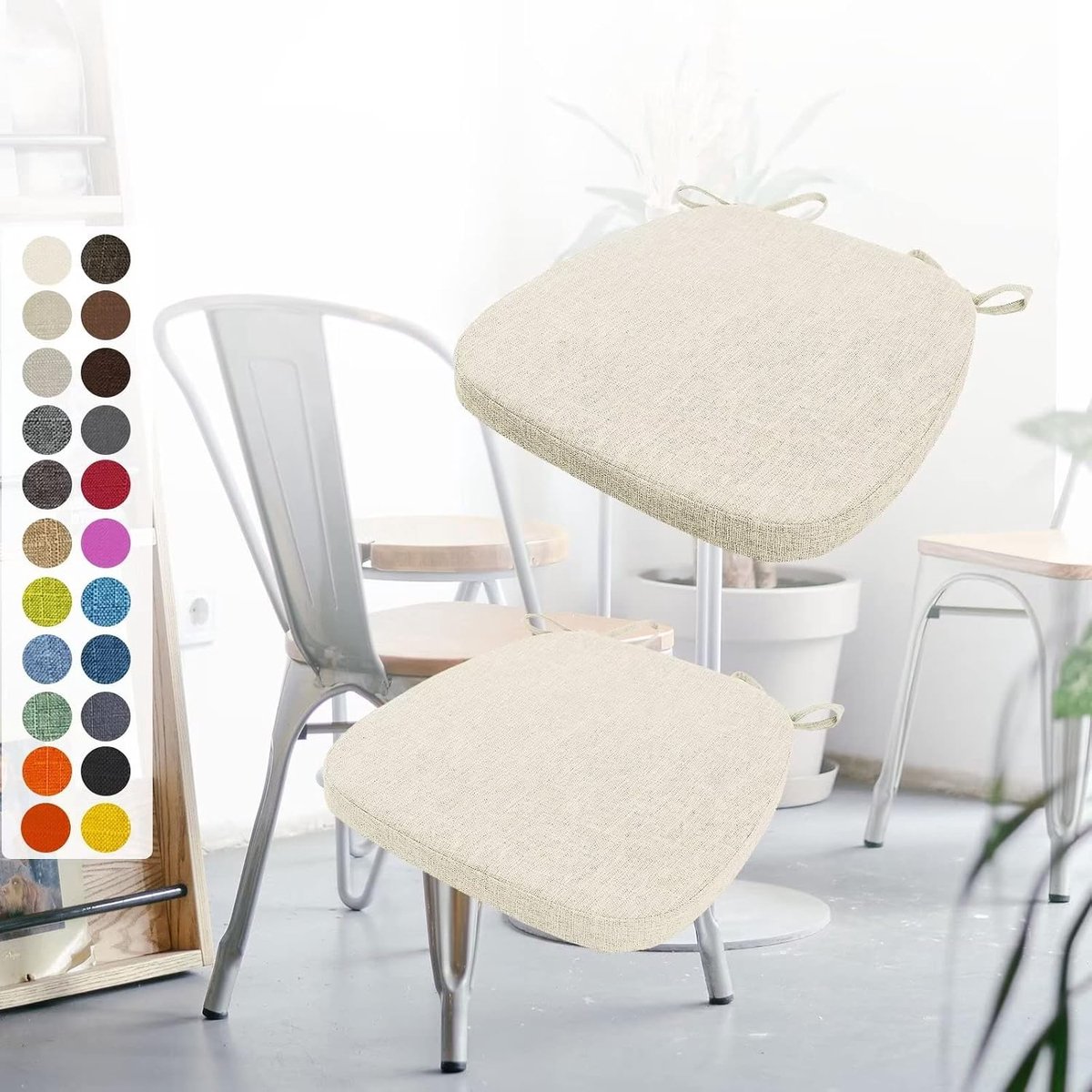 Set van 2 stoelkussens, 40 x 38 x 3 cm, met banden, wasbaar zitkussen, antislip, afneembare overtrek met ritssluiting, ideaal voor thuis, kantoor, keuken, eetkamer, crèmewit
