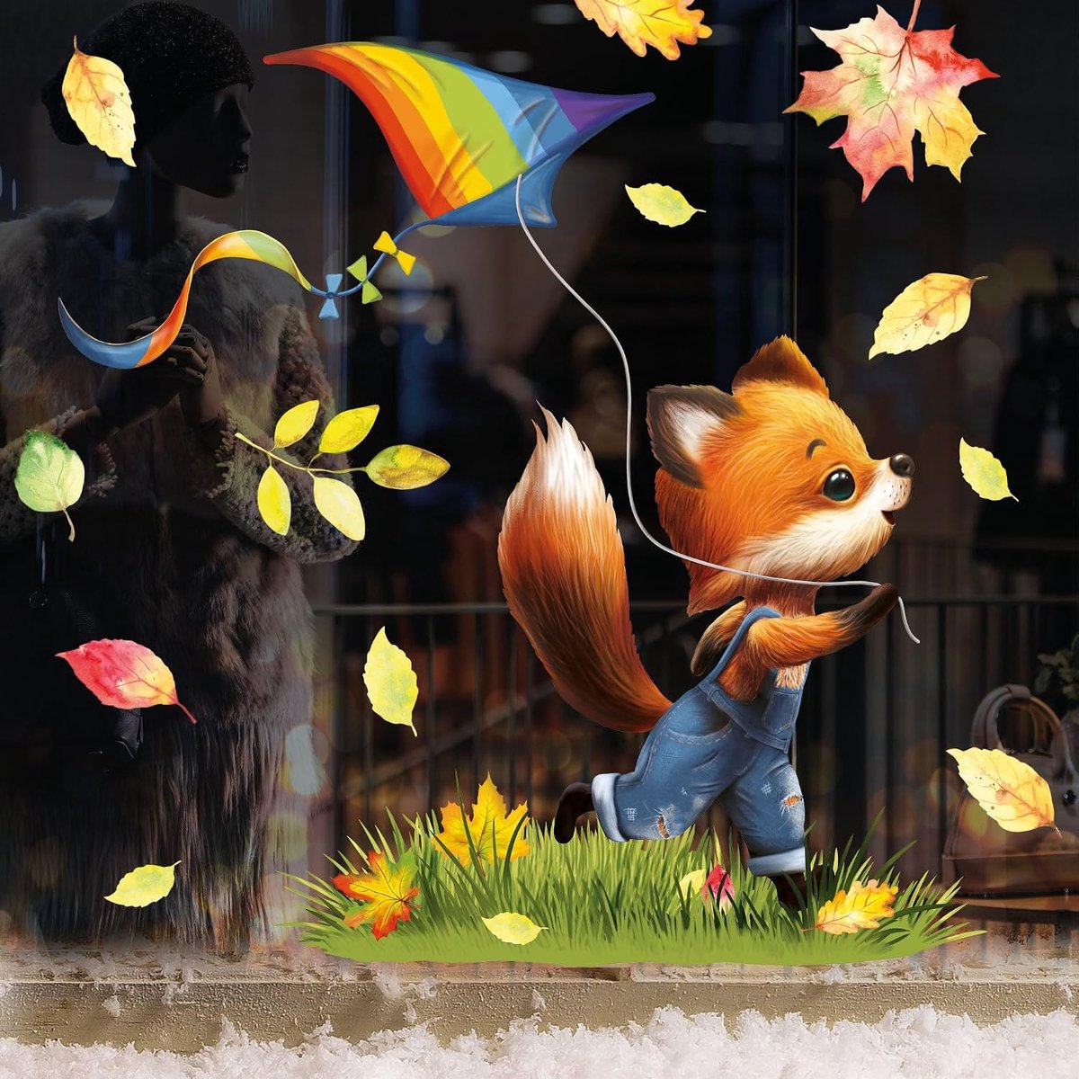 Loft Raamafbeelding herfst met vos en drakenmotief, A4-boog, herfstdecoratie, raam, kinderkamer, herfstfoto's, raamafbeelding, herfst, kinderen, herfstbladeren, raam, raamfolie herfst