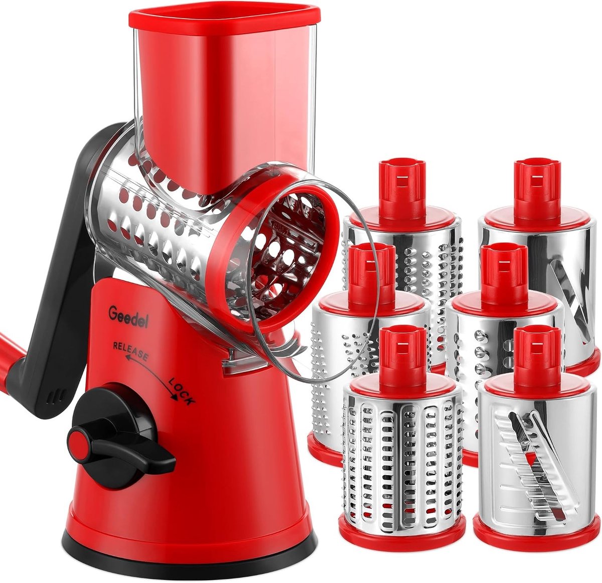 Groenteschaaf - Rood-Zwart - 6 Verwisselbare Roestvrijstalen Trommelmessen - Met Zuigvoet en Zwengel - Voor Keuken en Groenteverwerking