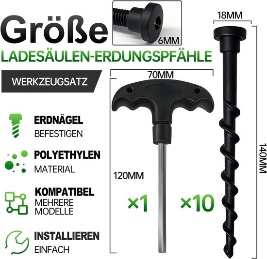 Bevestigingsschroeven voor robotmaaier laadstation, duurzame PE-grondpluggen, lengte 14 cm, met T-sleutel 6 mm, voor stabiele montage op gazon en bodem — afbeelding 2