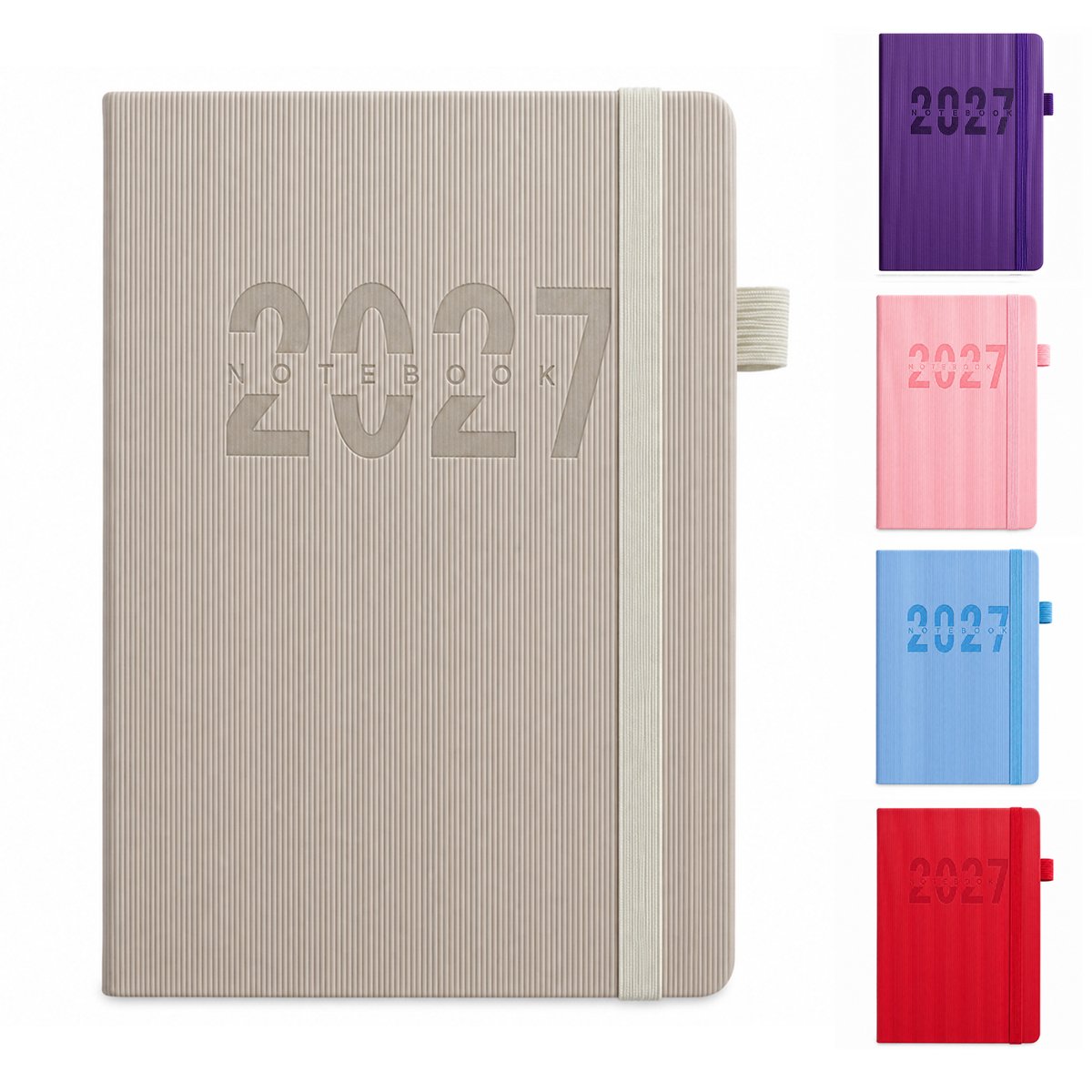 2027 Dagboek voor Volwassenen – Dagboeken & Notitieboek – Hardcover met Elastische Sluitband & Maandelijkse Index – Engelstalige Binnenzijde – Voor Persoonlijke Dagboeken & Planning – A5 – Grijs– 1 Stuk