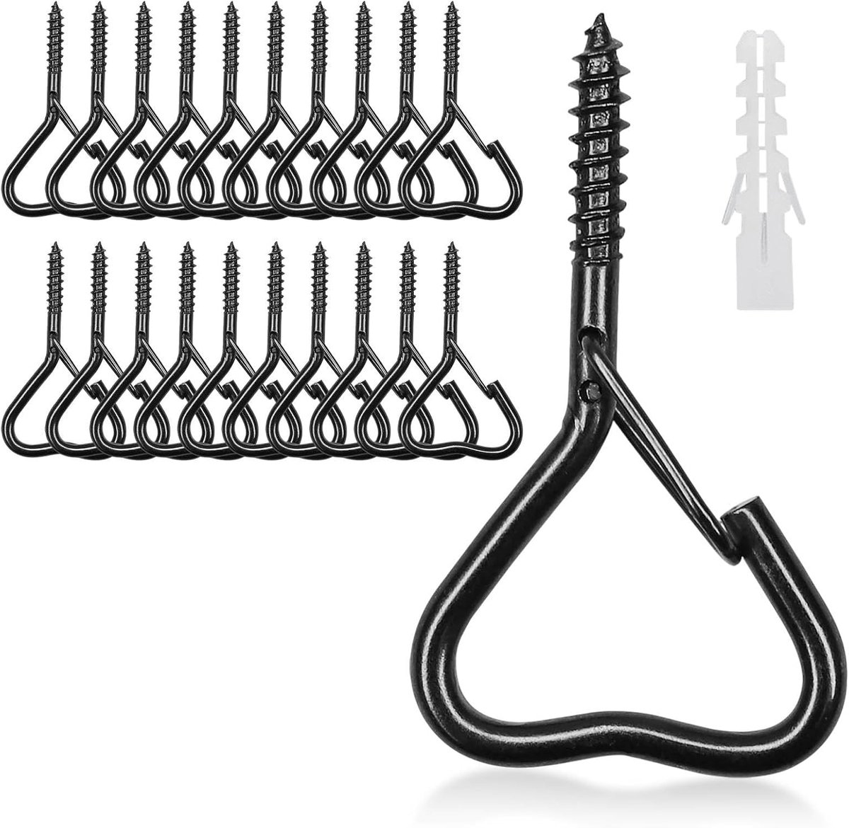 Haken om te schroeven, schroefhaken met zekering, roestvrijstalen haakschroeven, plafondhaken, wandhaken voor het ophangen van potplanten, verlichting, hartvormig, zwart
