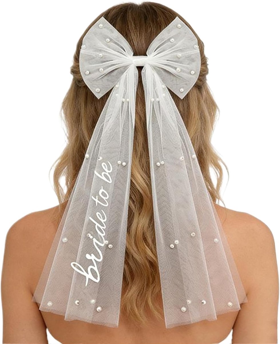 bruidssluier met strik en pareldetails, korte sluier voor bruiloft en vrijgezellenfeest, elegant haaraccessoire voor bruid en bruidsmeisje