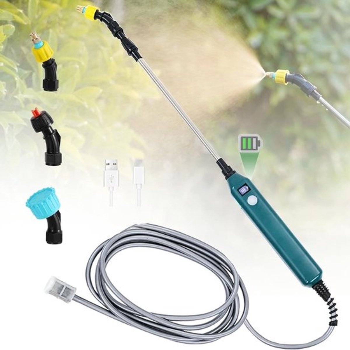 Elektrische plantensproeier met 3 instelbare sproeiers en zichtbaar batterijniveau – Oplaadbaar sproeiapparaat voor tuin en wieden