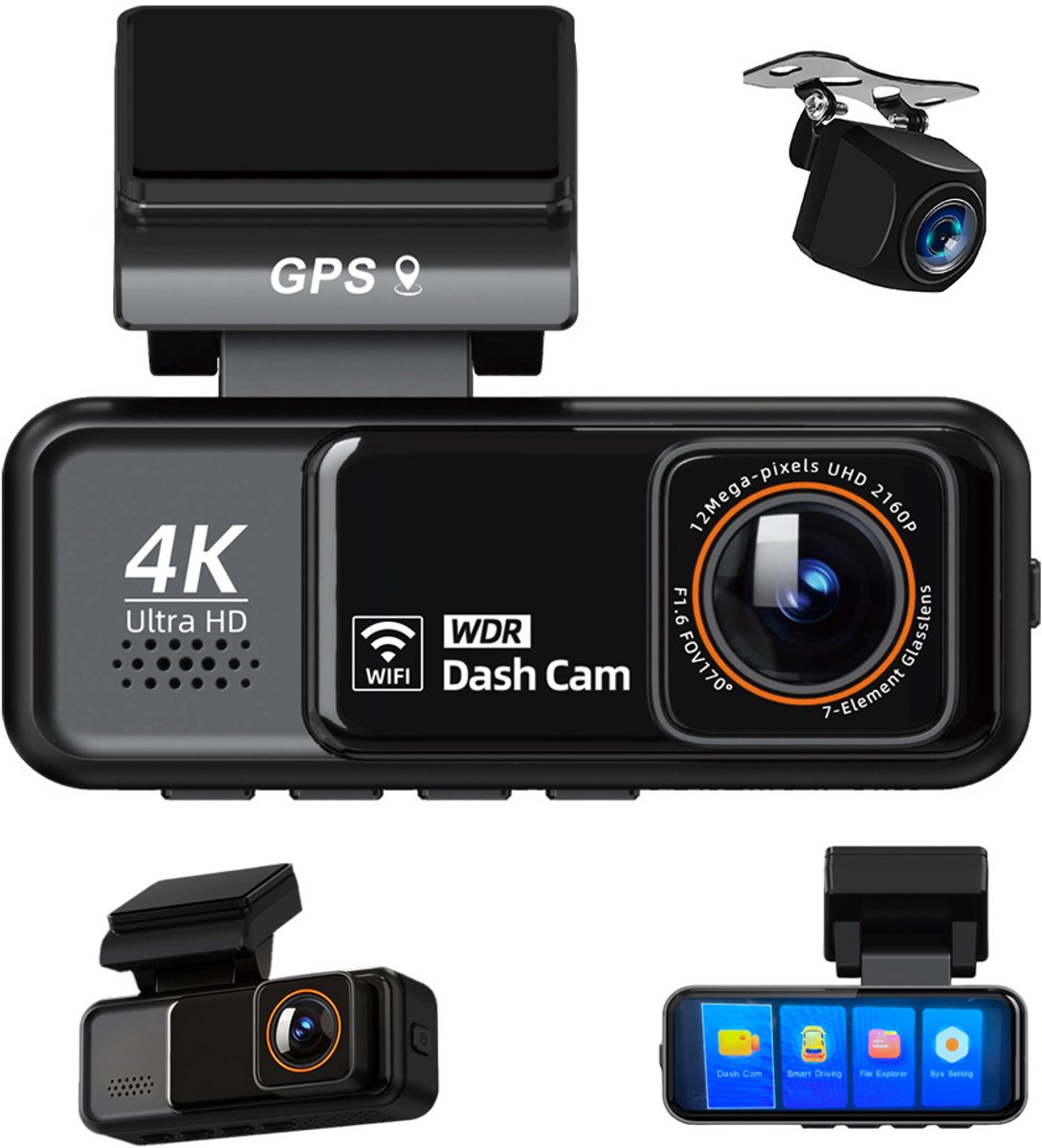 Dashcam - Camera's voor en achter - Uitgerust met 64GB SD-kaart - 4K Full HD - Met GPS, Wi-Fi, camera's voor en achter, ADAS en G-sensoren - Zwart