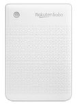 Witte Kobo e-reader met een subtiel, gedrukt patroon aan de onderkant en een aan/uit-knop aan de linkerbovenhoek.