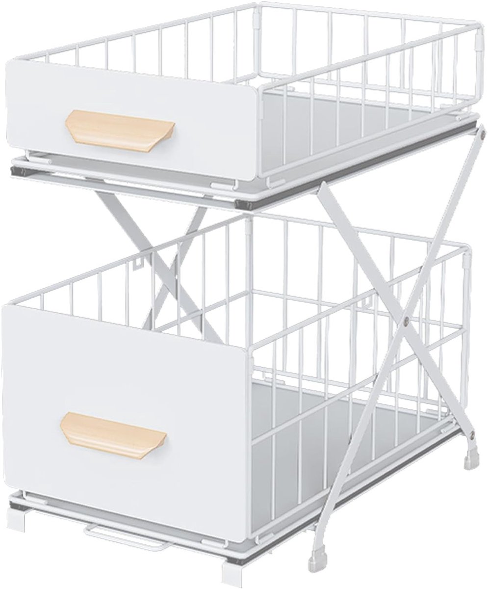 Tweelaags metalen onderkast organizer voor kruidenopslag, uitrekbare opslagrek voor keuken en schoonmaakproducten, hoogte verstelbaar, 1 stuk (wit)